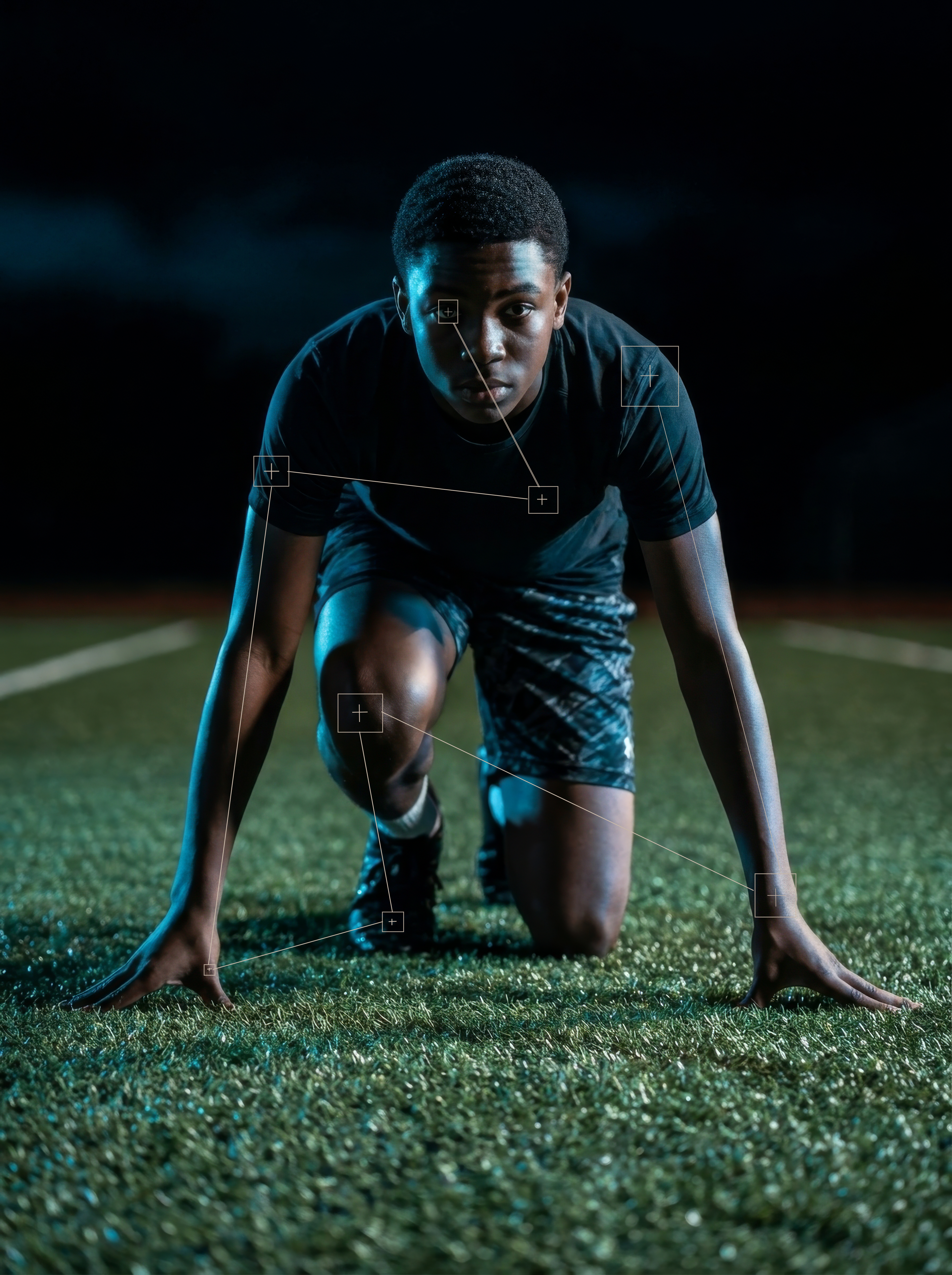 Young athlete in sprint start position on a dark track